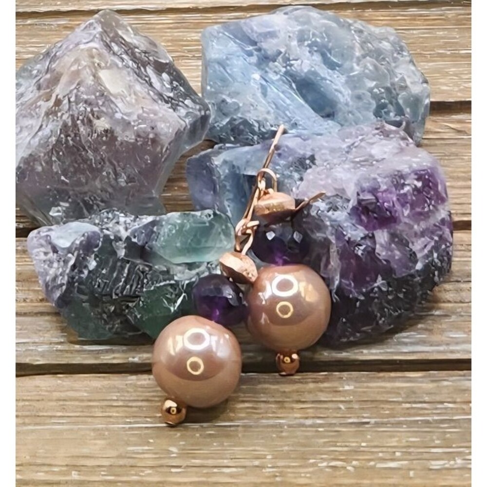 Champagne Ceramic, Amethyst and Rose Gold Drop Earrings